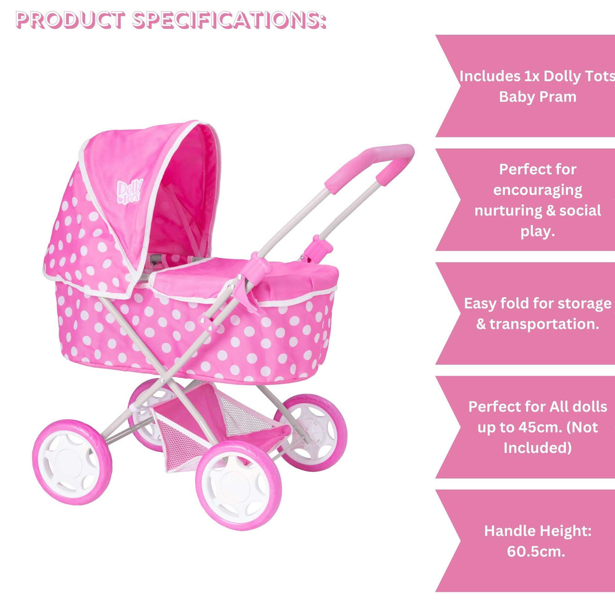 Dolly Tots Baby Dolls Pram - Cute and Sturdy Toy Pram for Baby Dolls, Ideal for Pretend Play