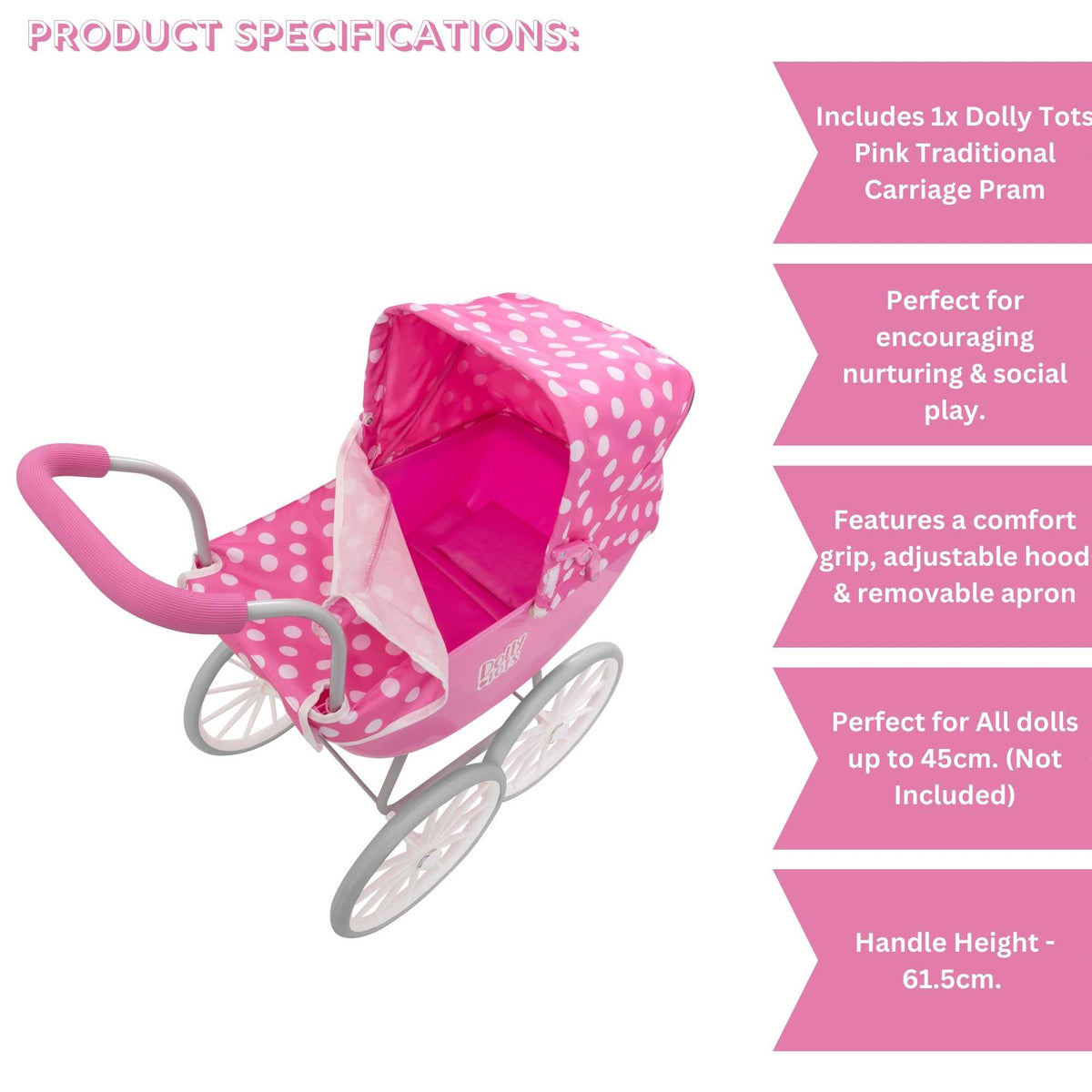 Dolly Tots My First Carriage Dolls Pram - Charming and Durable Toy Pram for Dolls, Perfect for Young Children