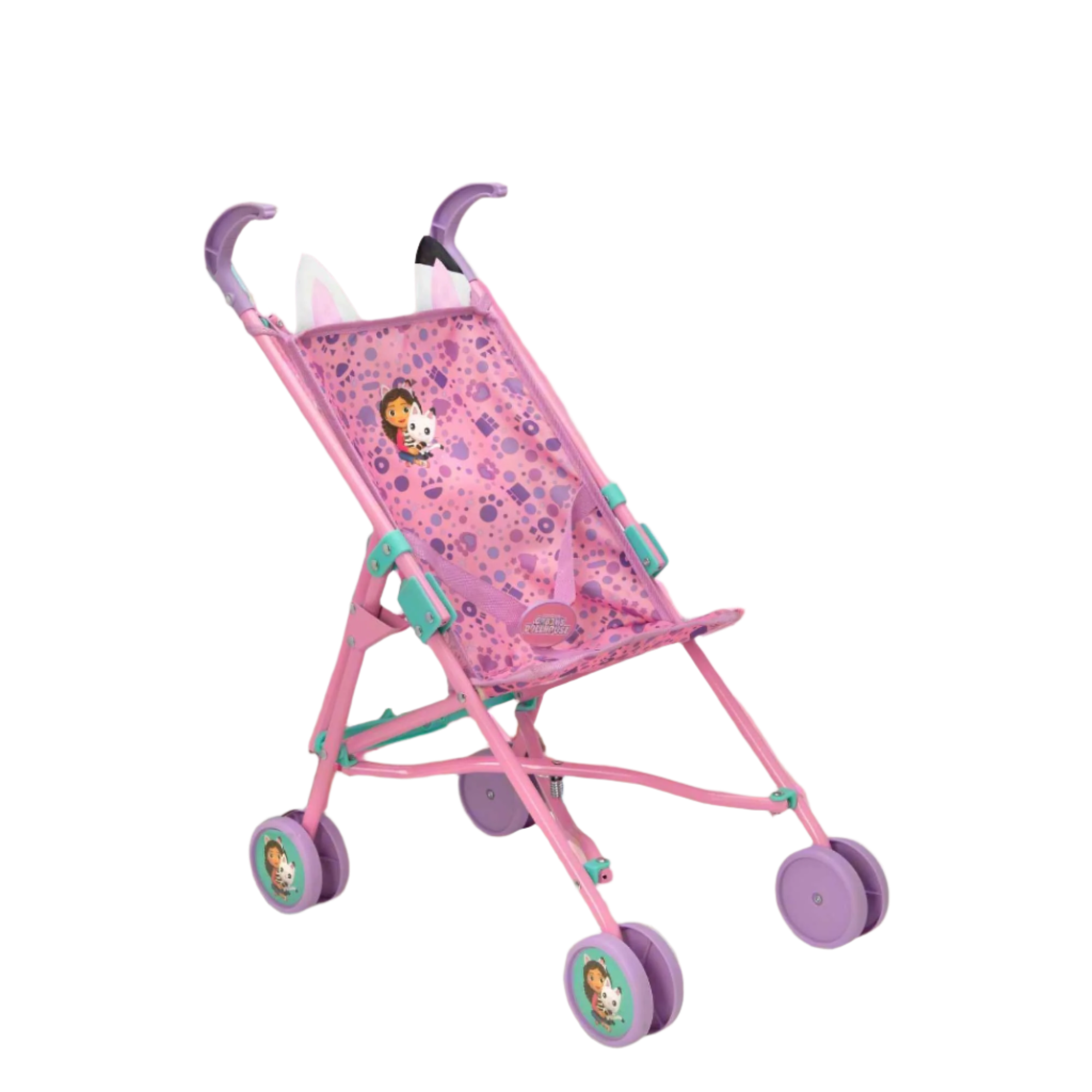 Colourful toy stroller featuring popular characters from Gabby's Dollhouse, designed for children to enjoy pretend play. Ideal for carrying dolls and other small toys, with vibrant designs and sturdy wheels for easy manoeuvrability.