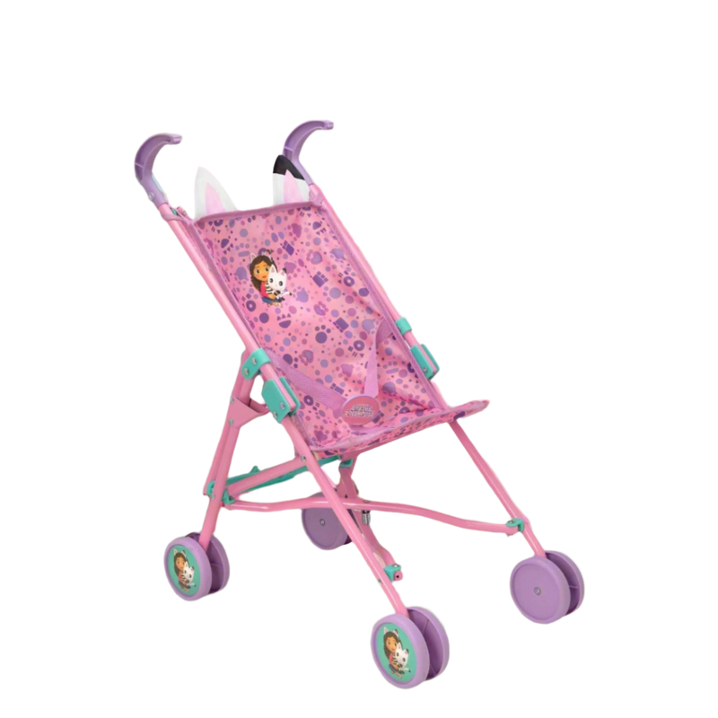 Colourful toy stroller featuring popular characters from Gabby's Dollhouse, designed for children to enjoy pretend play. Ideal for carrying dolls and other small toys, with vibrant designs and sturdy wheels for easy manoeuvrability.