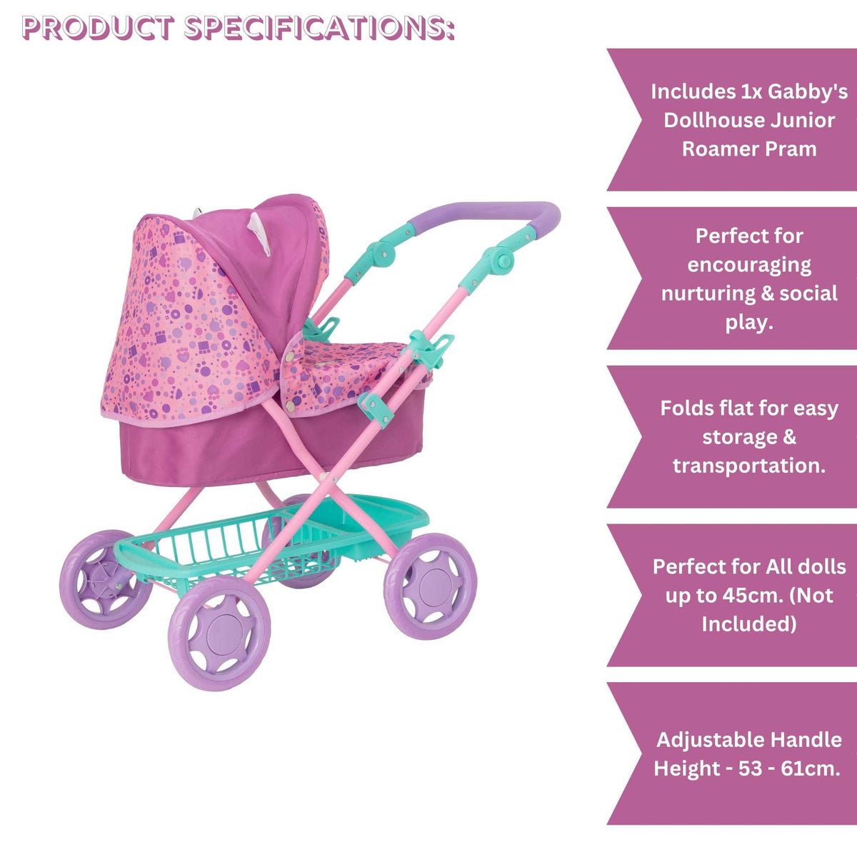 Adorable and colourful toy pram inspired by Gabby&#39;s Dollhouse, perfect for children to transport their favourite dolls and stuffed animals. Features include a sturdy frame, easy-to-push wheels, and playful designs with popular characters from the show. 