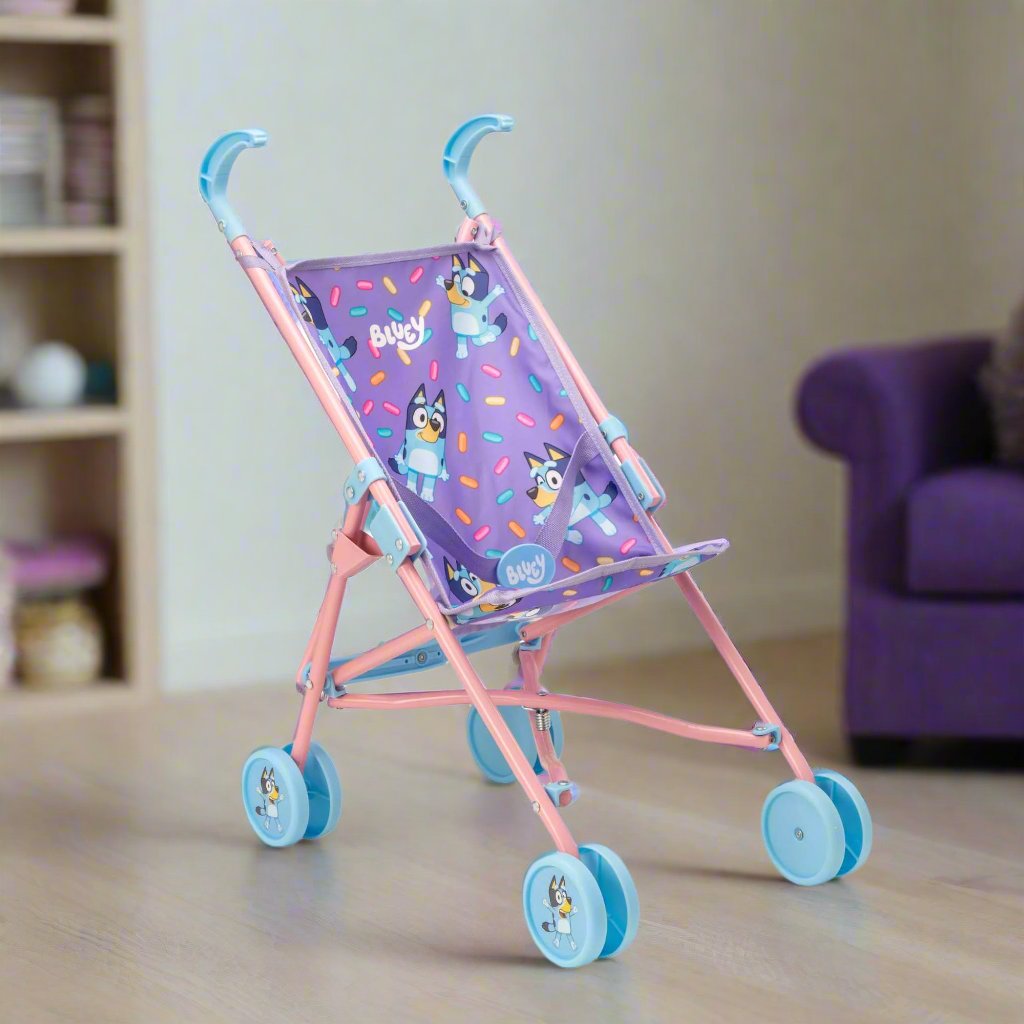 Bluey Junior Dolls Stroller - Compact and lightweight stroller designed for dolls, featuring Bluey, ideal for young children to enjoy imaginative and on-the-go play.
