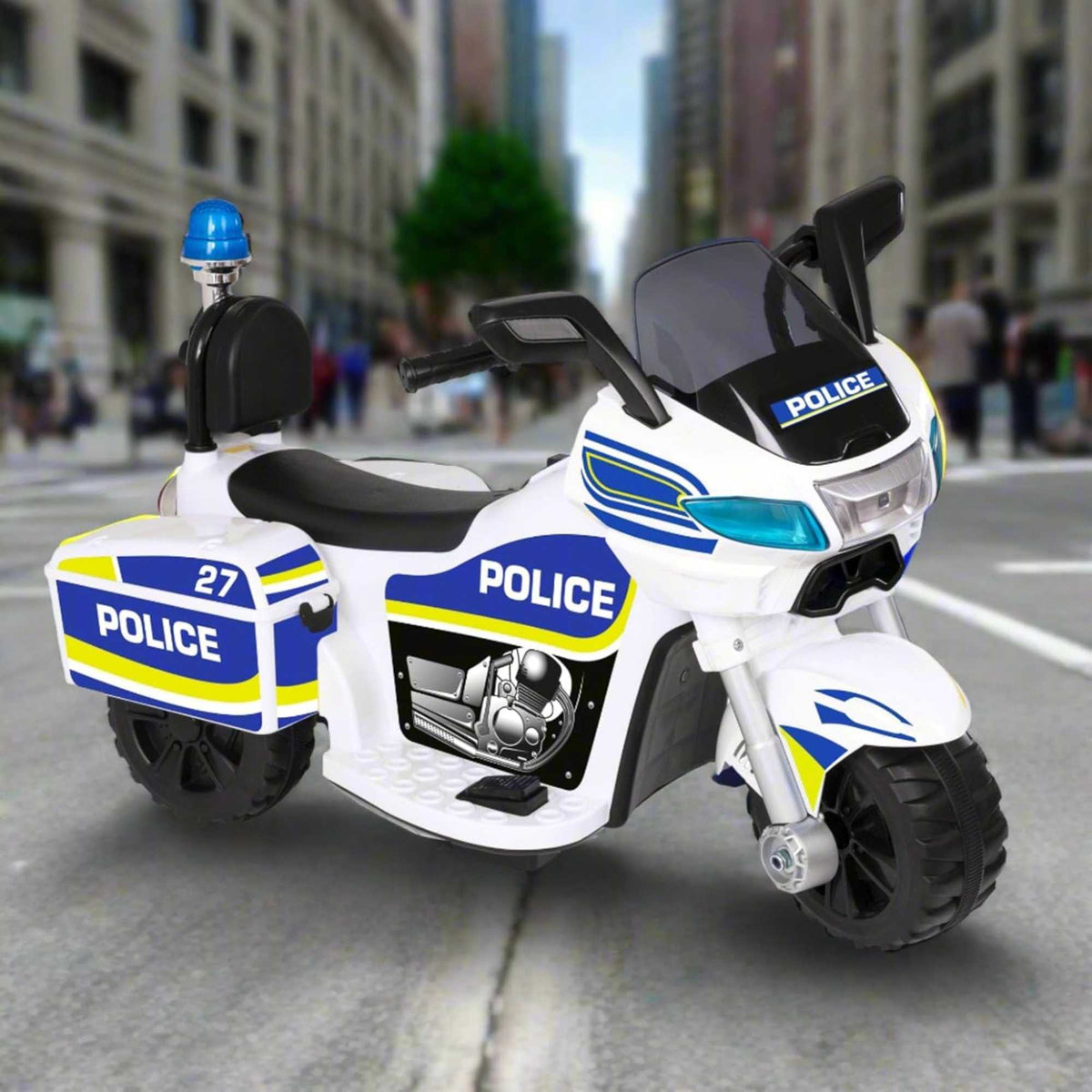 EVO Police Sport Bike Ride On for ages 2+, featuring a realistic police bike design with flashing lights and authentic sounds, durable frame, wide stable wheels, and easy-grip handles for safe and exciting outdoor play.