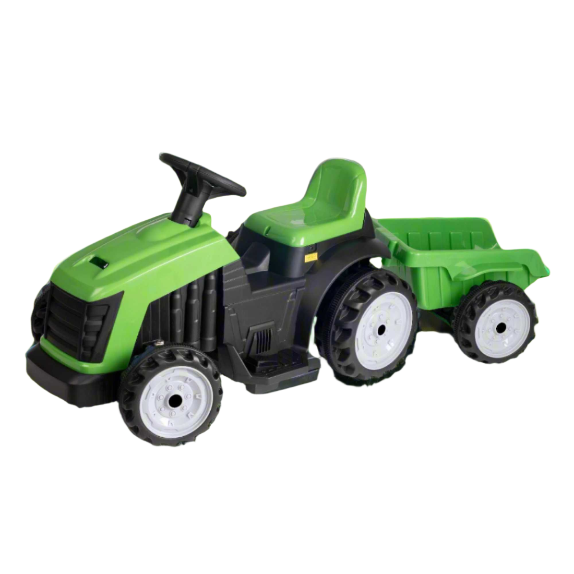 Electric green EVO Green Tractor & Trailer Ride-On for 2-year-olds, featuring a realistic tractor design, detachable trailer, ergonomic seat, and easy-to-use controls for safe and fun farmyard adventures.