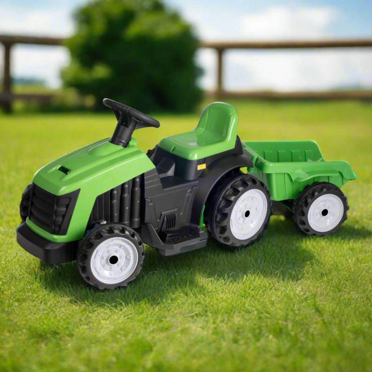 Evo 6V Electric Green Ride On Tractor With Trailer Electric Ride Ons