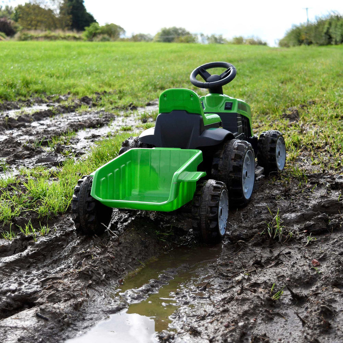 Evo 6V Electric Green Ride On Tractor With Trailer Electric Ride Ons