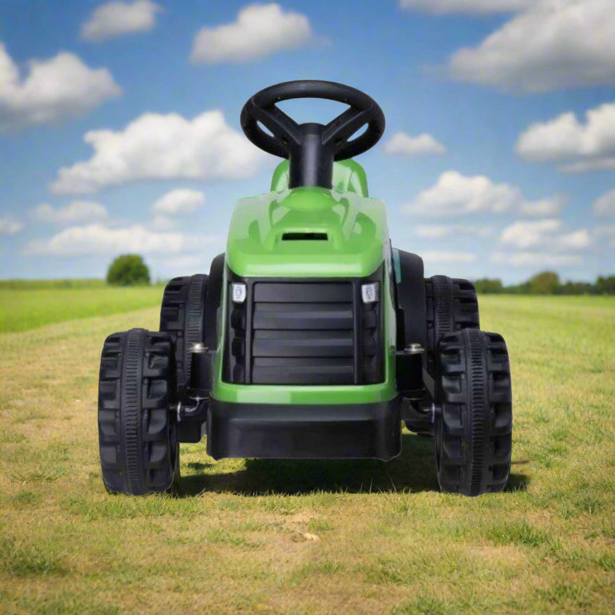 Electric green EVO Green Tractor &amp; Trailer Ride-On for 2-year-olds, featuring a realistic tractor design, detachable trailer, ergonomic seat, and easy-to-use controls for safe and fun farmyard adventures.