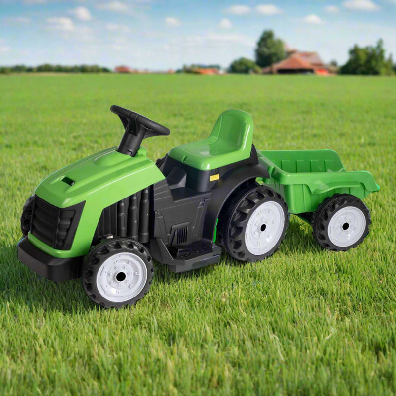 Electric green EVO Green Tractor & Trailer Ride-On for 2-year-olds, featuring a realistic tractor design, detachable trailer, ergonomic seat, and easy-to-use controls for safe and fun farmyard adventures.