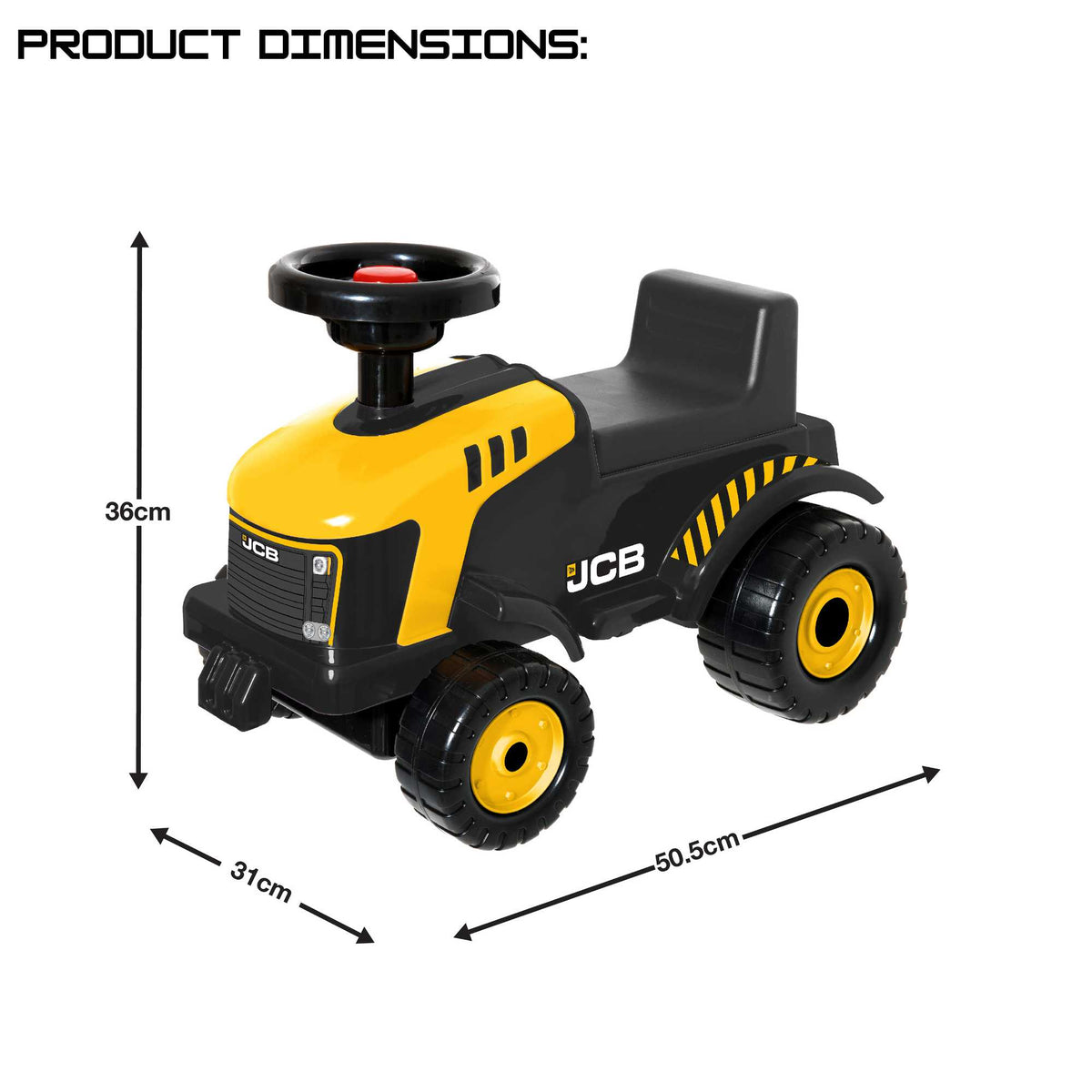 EVO JCB Fastrac Foot to Floor Children&#39;s Ride-On for toddlers aged 1 and up, featuring a realistic construction design, wide wheelbase, and foot-to-floor propulsion for safe and imaginative play.