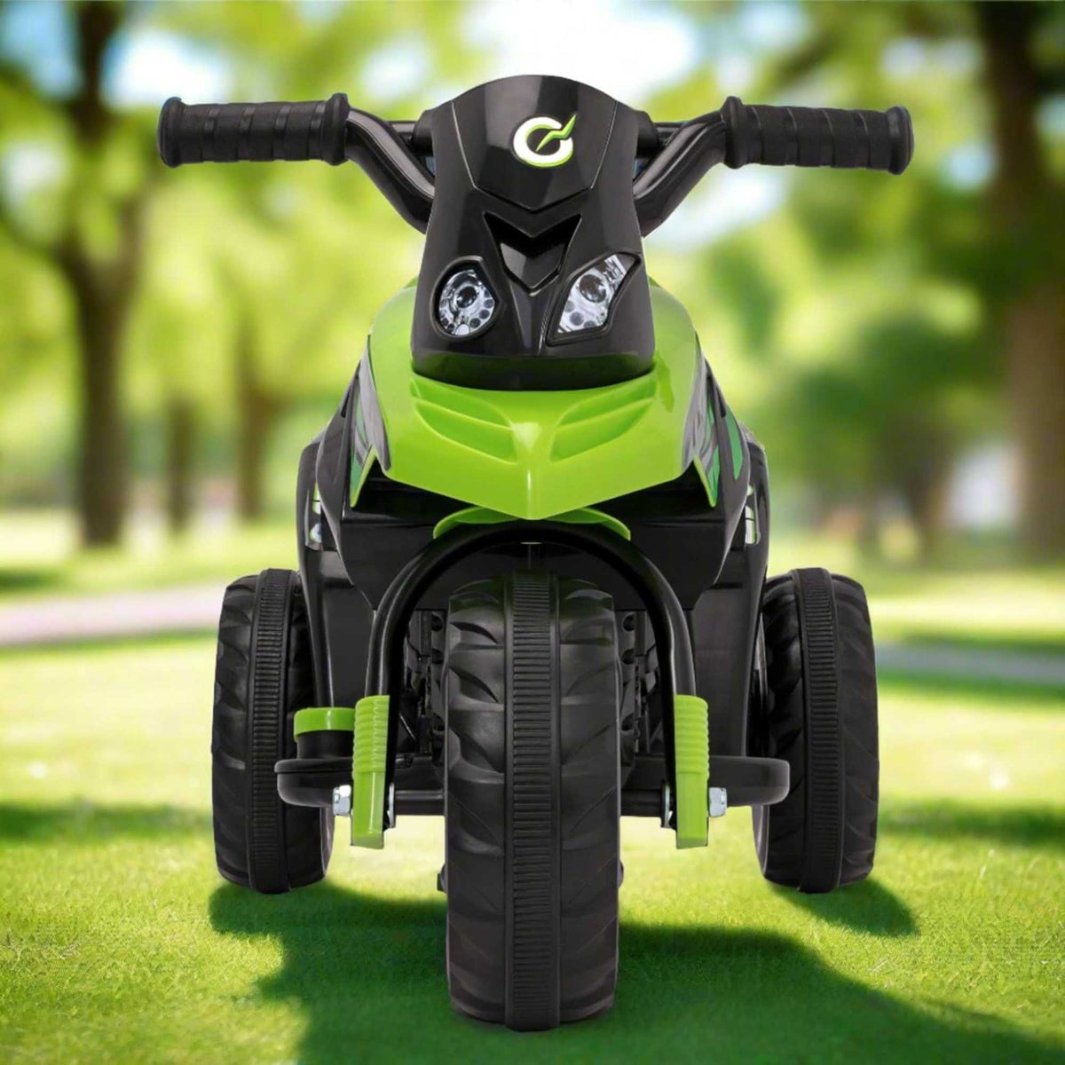 Battery-powered green and black EVO Venom Trike Ride-On for 2-year-olds, featuring a stable three-wheel design, ergonomic seat, and push-button acceleration for safe and thrilling outdoor adventures.