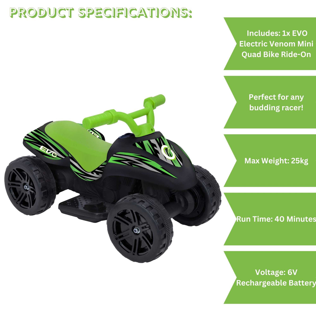 Evo 6V Kids Electric Ride-On Venom Quad Bike Electric Ride Ons