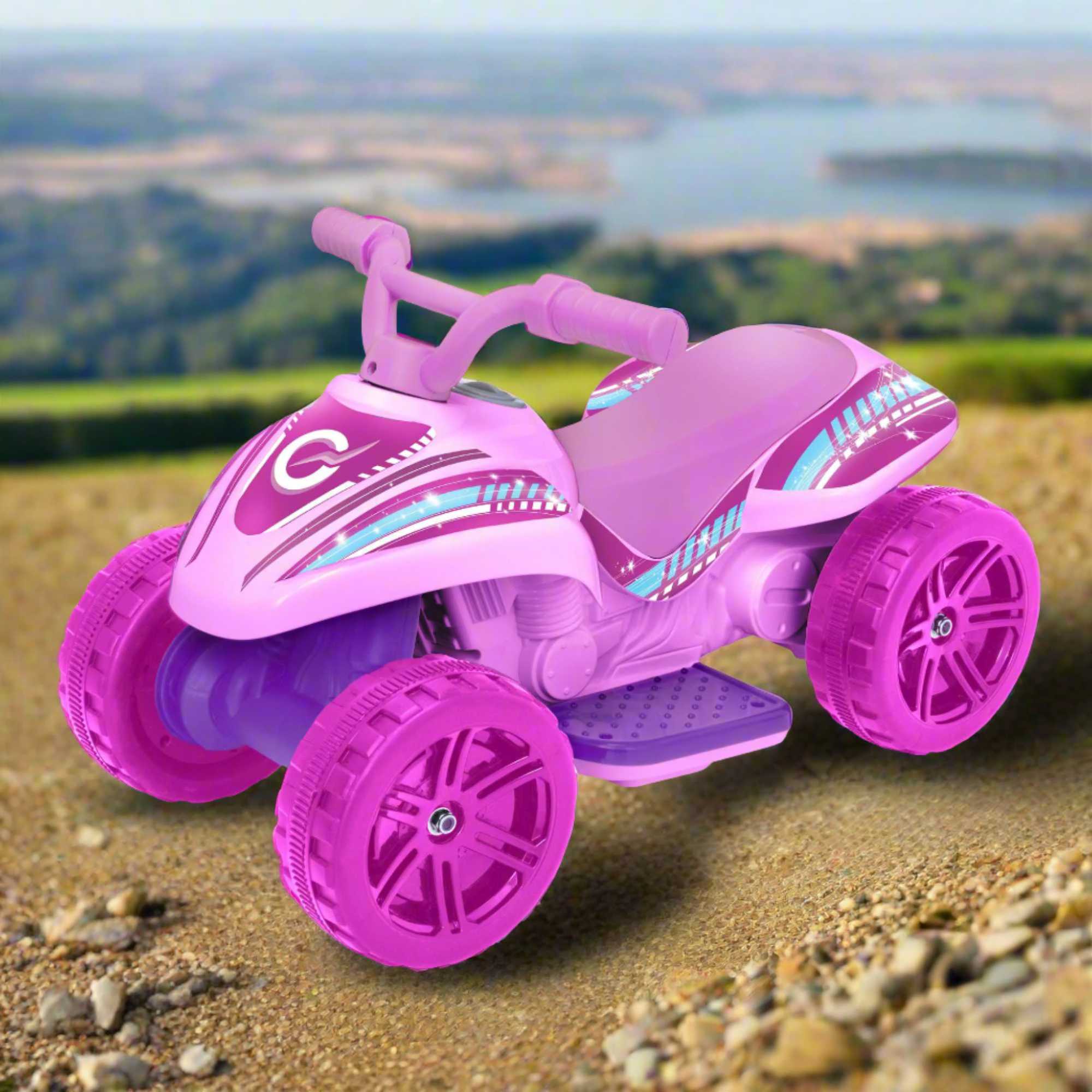 Electric pink EVO Shimmer Quad Ride-On for 2-year-olds, featuring a sturdy four-wheel design, ergonomic seat, and easy-to-grip handlebars, perfect for safe and fun outdoor adventures.