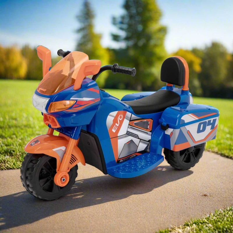 EVO Zoom Blue Sport Bike Ride On for ages 2+, featuring a vibrant blue colour, sporty design, sturdy frame, wide stable wheels, and easy-grip handles for safe and exciting outdoor play.