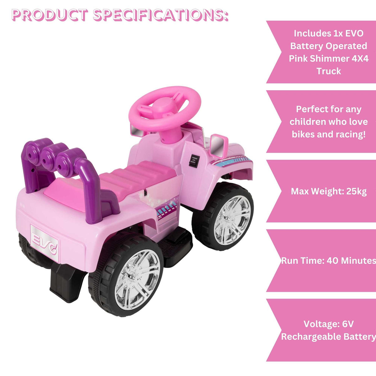 Evo 6V Kids Electric Ride On Pink Shimmer 4X4 Truck Electric Ride Ons