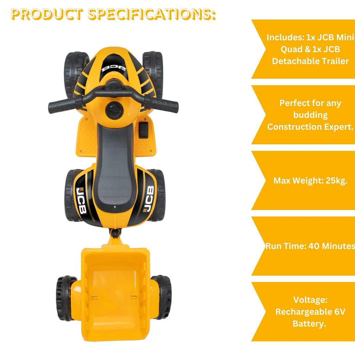 JCB Battery Operated Mini Quad Ride-On With Trailer Electric Ride Ons