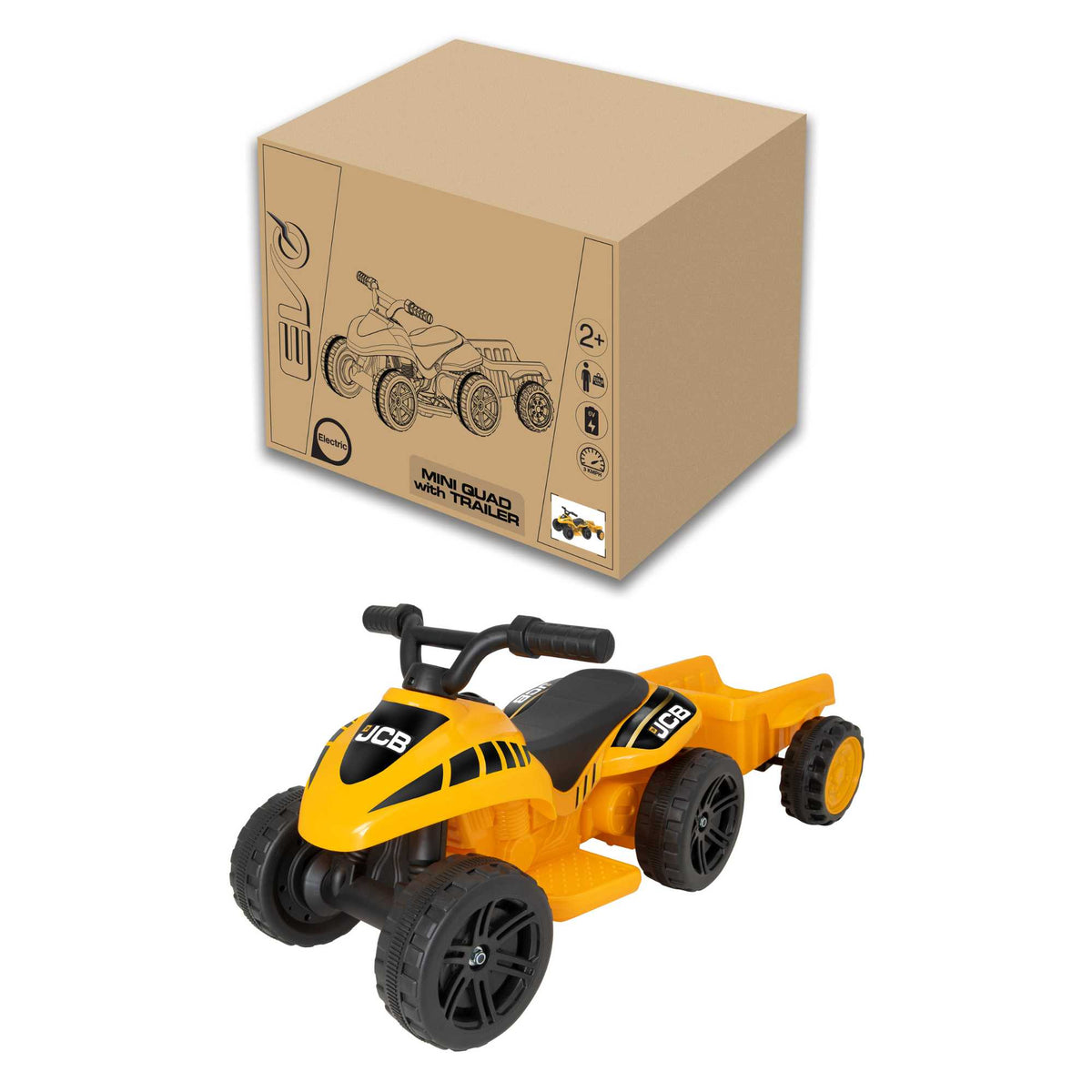 EVO JCB Battery Operated Mini Quad Ride-On with Trailer for 3-year-olds, featuring a yellow and black JCB design, detachable trailer, and safe battery-powered operation for exciting outdoor play.