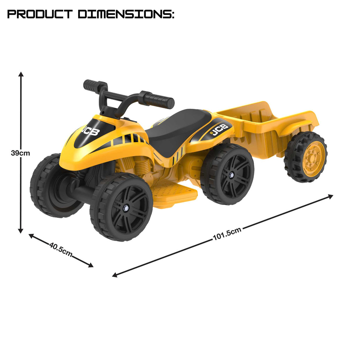 EVO JCB Battery Operated Mini Quad Ride-On with Trailer for 3-year-olds, featuring a yellow and black JCB design, detachable trailer, and safe battery-powered operation for exciting outdoor play.