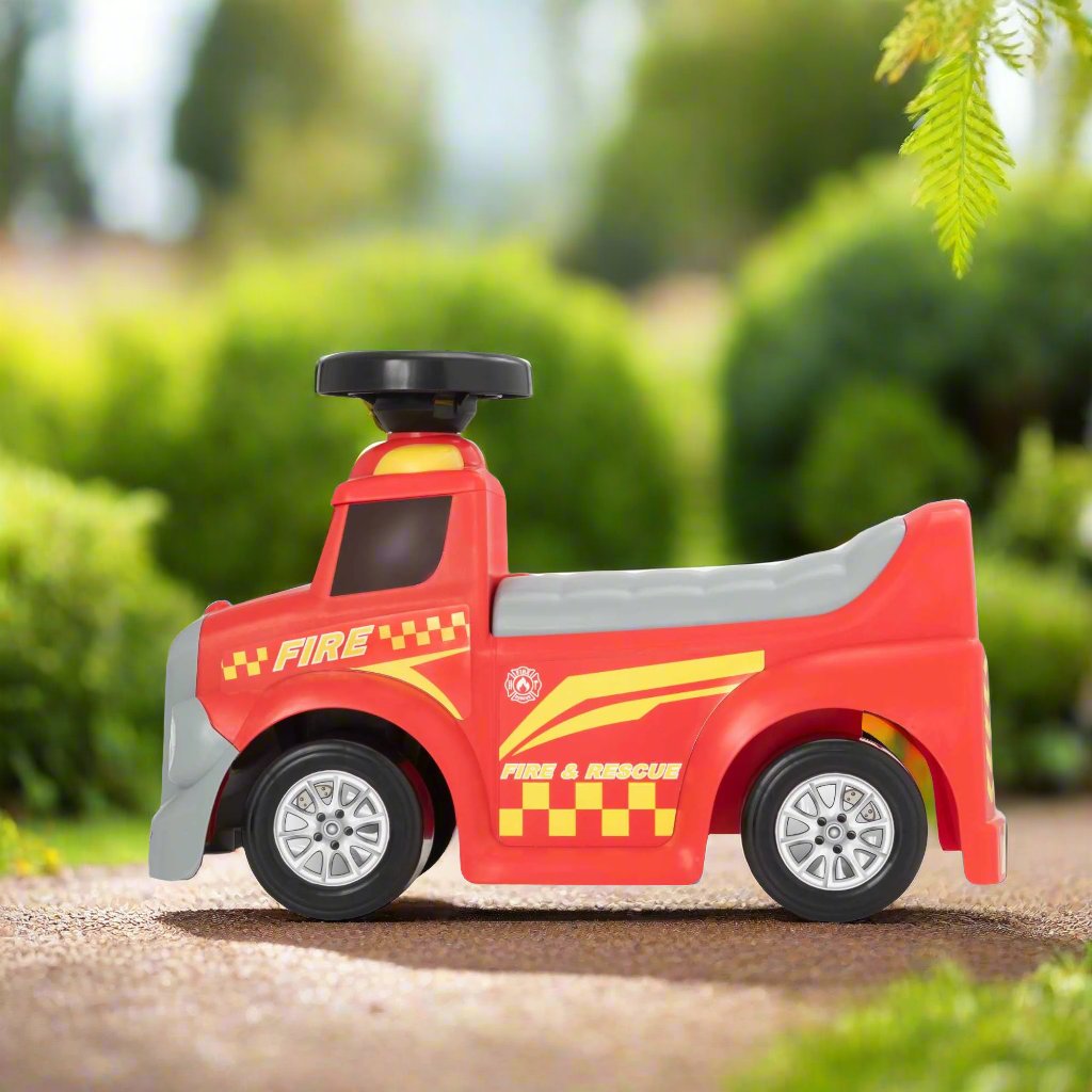 EVO Foot 2 Floor Ride-On Fire Engine for children aged 1 and up, featuring a vibrant red design, wide wheelbase, and foot-to-floor propulsion for safe and imaginative play.