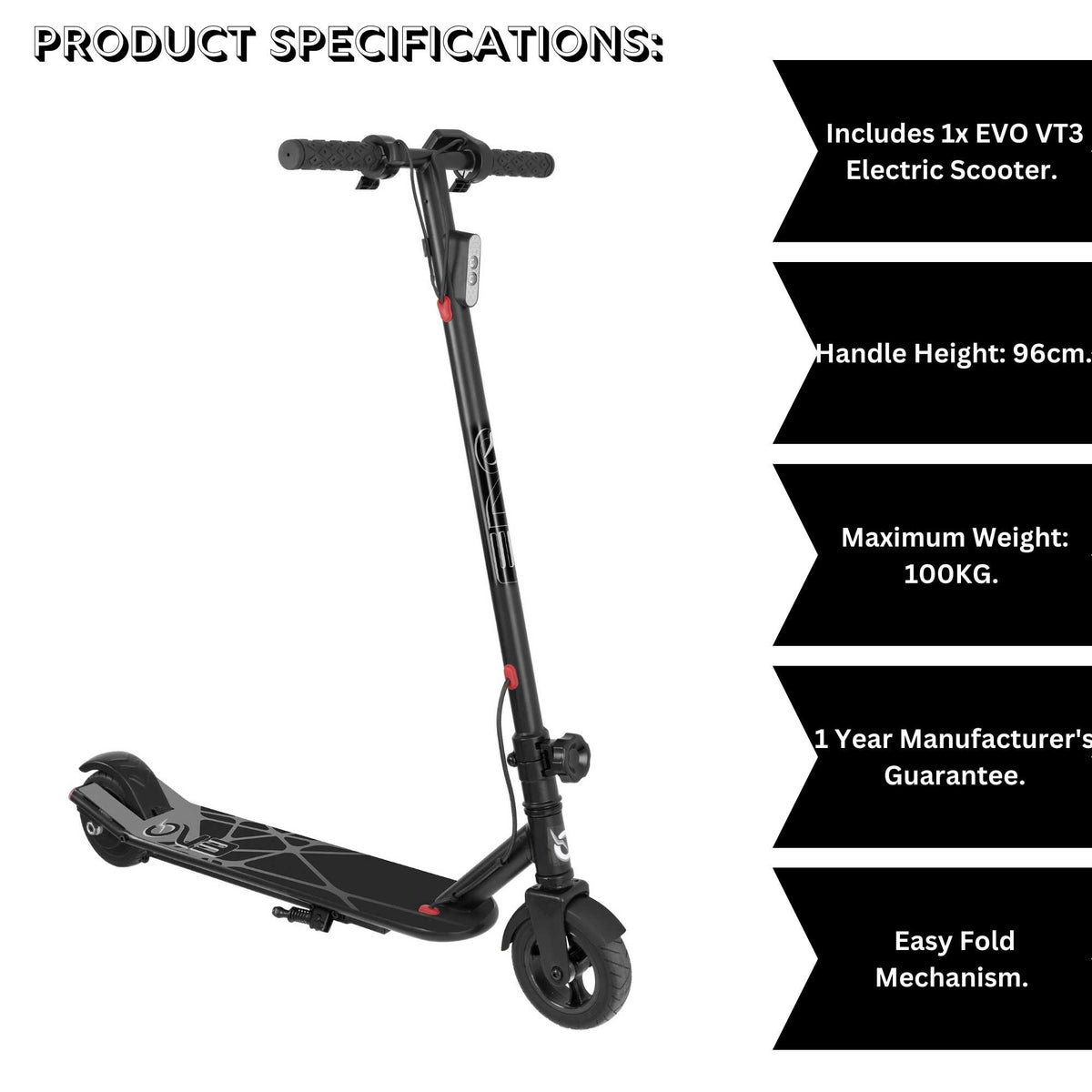 Black EVO VT3 Electric Scooter for Teens 14+ – Sleek and powerful e-scooter with high-performance motor, durable frame, and smooth ride for urban commuting and outdoor fun.