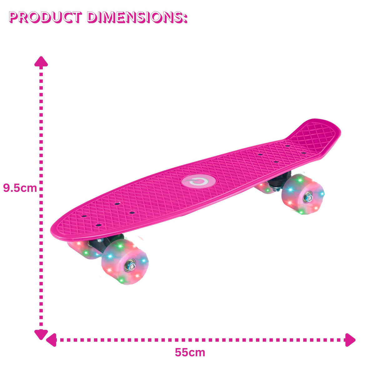 Children’s EVO 22-inch Penny Board in pink with light-up wheels, showcasing a compact design and vibrant retro style, perfect for young riders. The board features a textured grip surface and smooth, illuminated wheels that light up during movement.