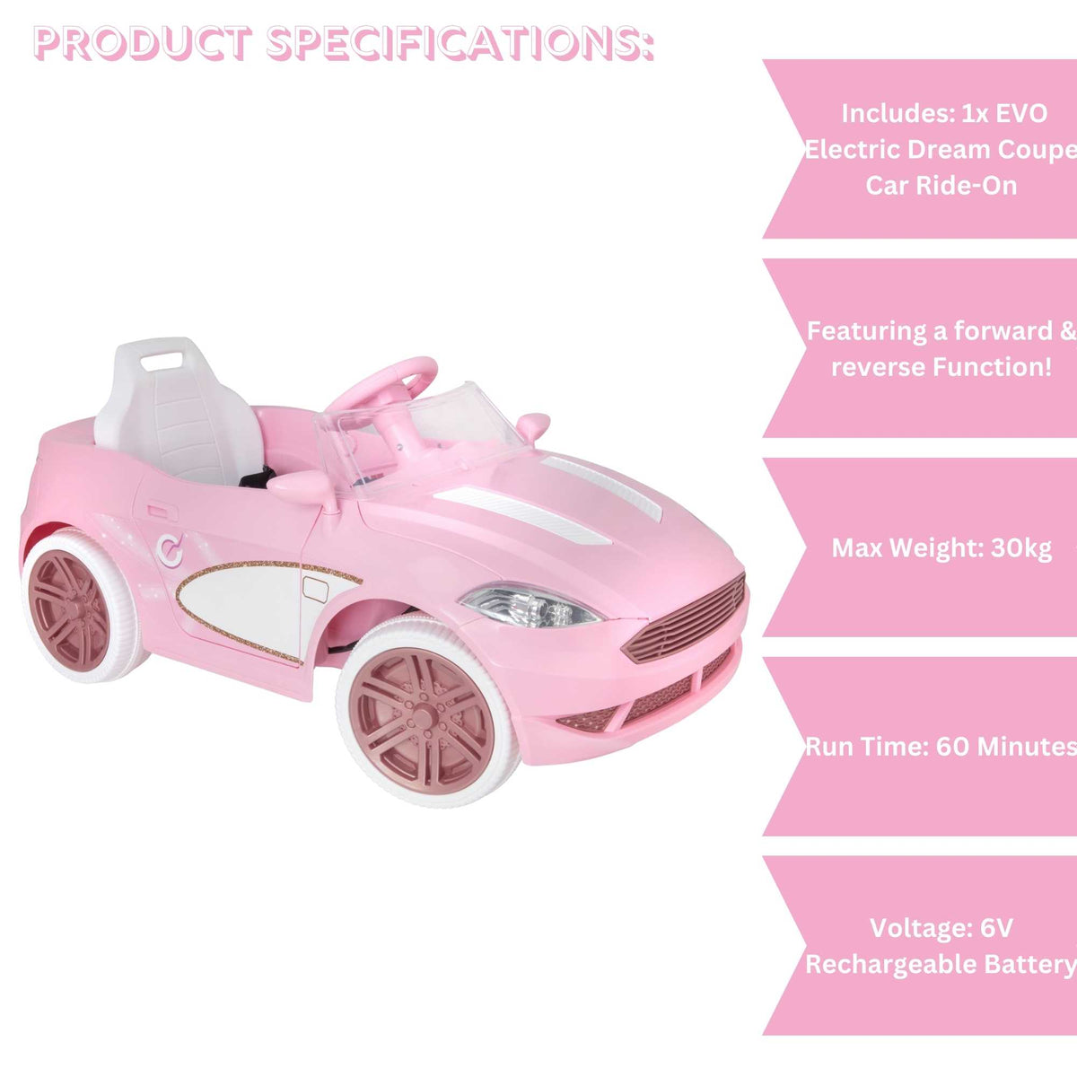EVO Electric Ride-On Dream Coupe Pink Car Electric Ride Ons