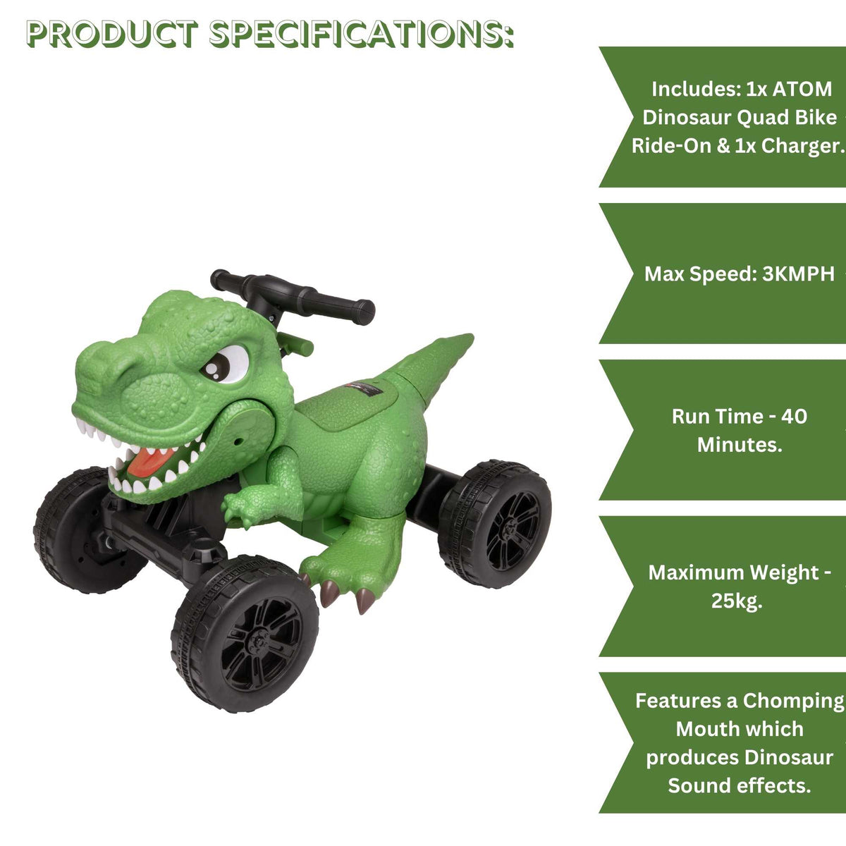 ATOM Dino Quad Battery Operated Ride-On Toy for kids, featuring a dinosaur-themed design, four rugged wheels, and easy-to-use controls, perfect for adventurous outdoor play.