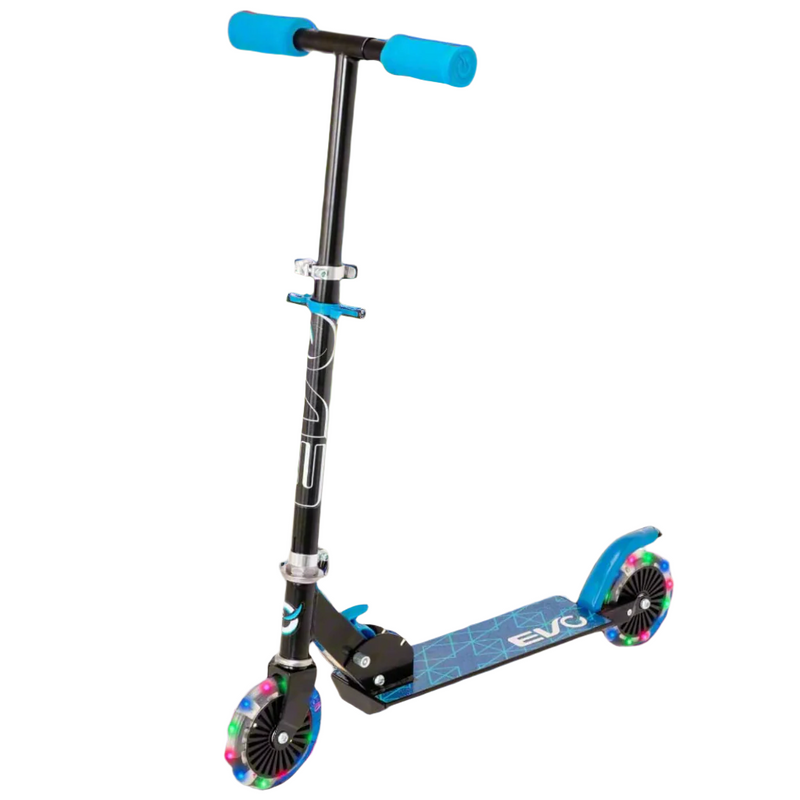 EVO Children's Light Up Inline Scooter for Kids Ages 5 and Up with LED Wheels and Adjustable Handlebar, perfect for enhancing motor skills and outdoor fun.