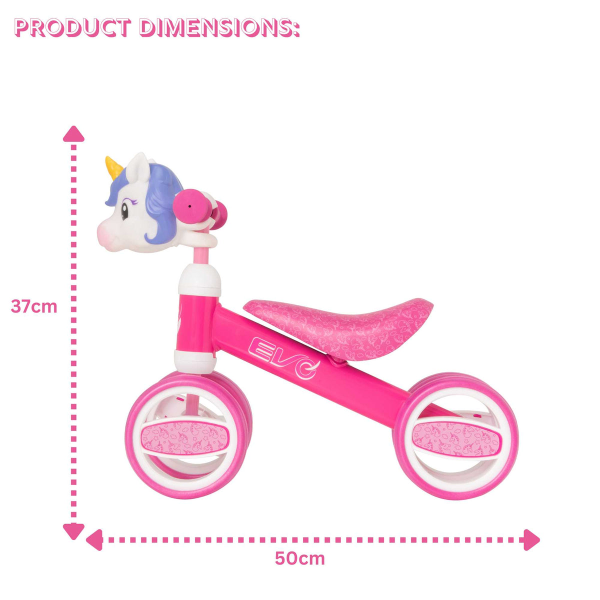 Fun and colourful EVO Character Heads Bobble Bike featuring adorable Unicorn and Dino designs for kids, perfect for teaching children balance and coordination.