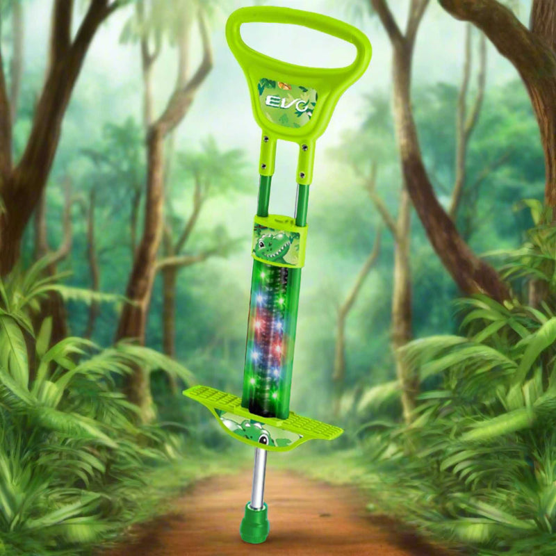 EVO Light Up Pogo Stick featuring bright colorful lights, sturdy frame, non-slip footpads, and comfortable handlebars, perfect for kids' active outdoor play and exercise.