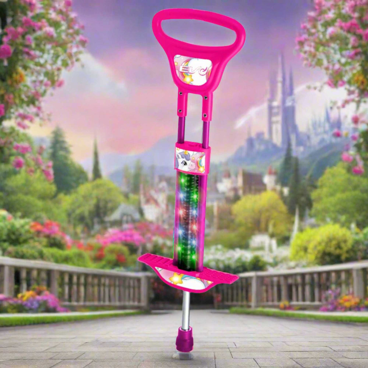 EVO Light Up Pogo Stick featuring bright colourful lights, sturdy frame, non-slip footpads, and comfortable handlebars, perfect for kids&#39; active outdoor play and exercise.