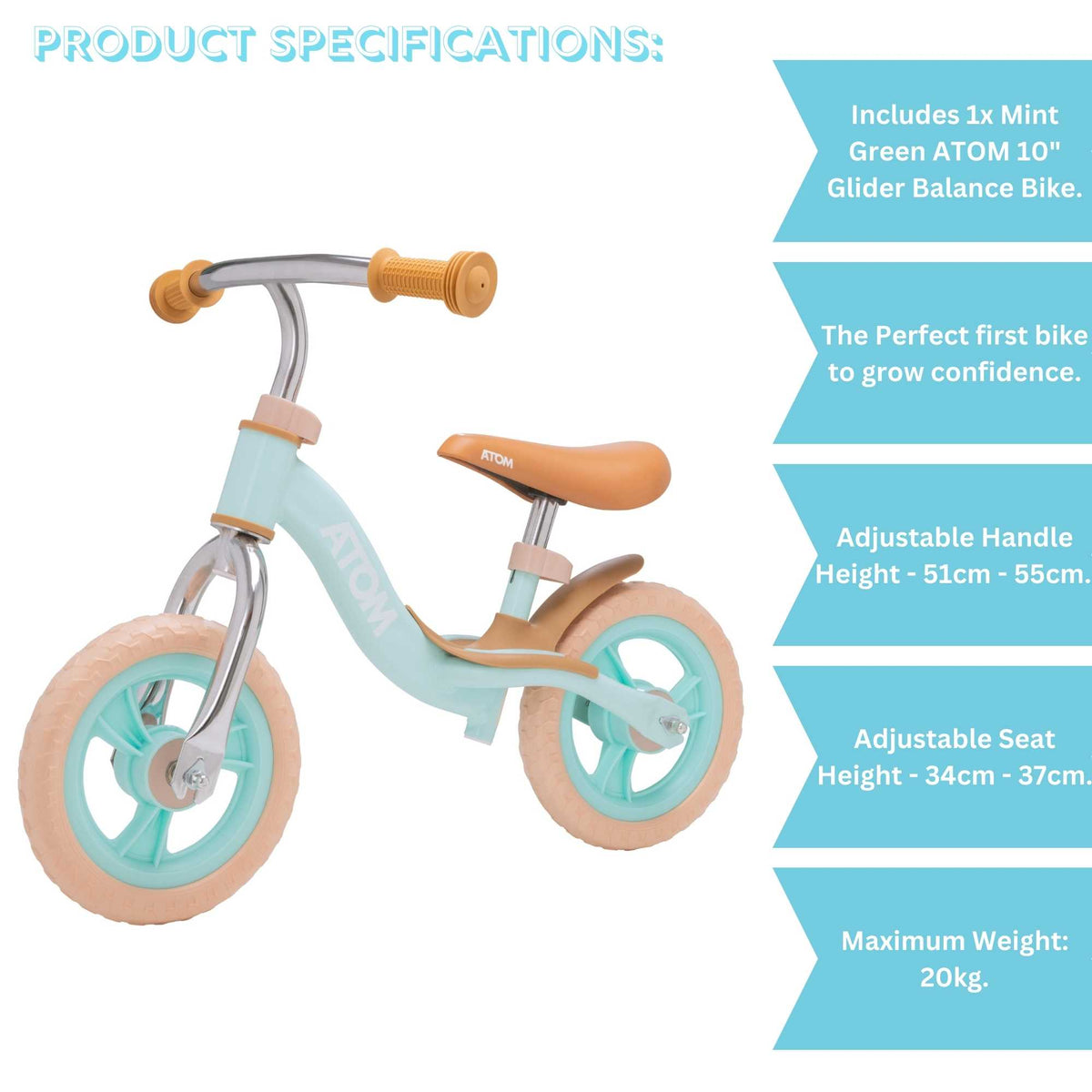 ATOM 10-inch Glider Bike in Mint Green, lightweight kids&#39; balance bicycle with adjustable seat and handlebars