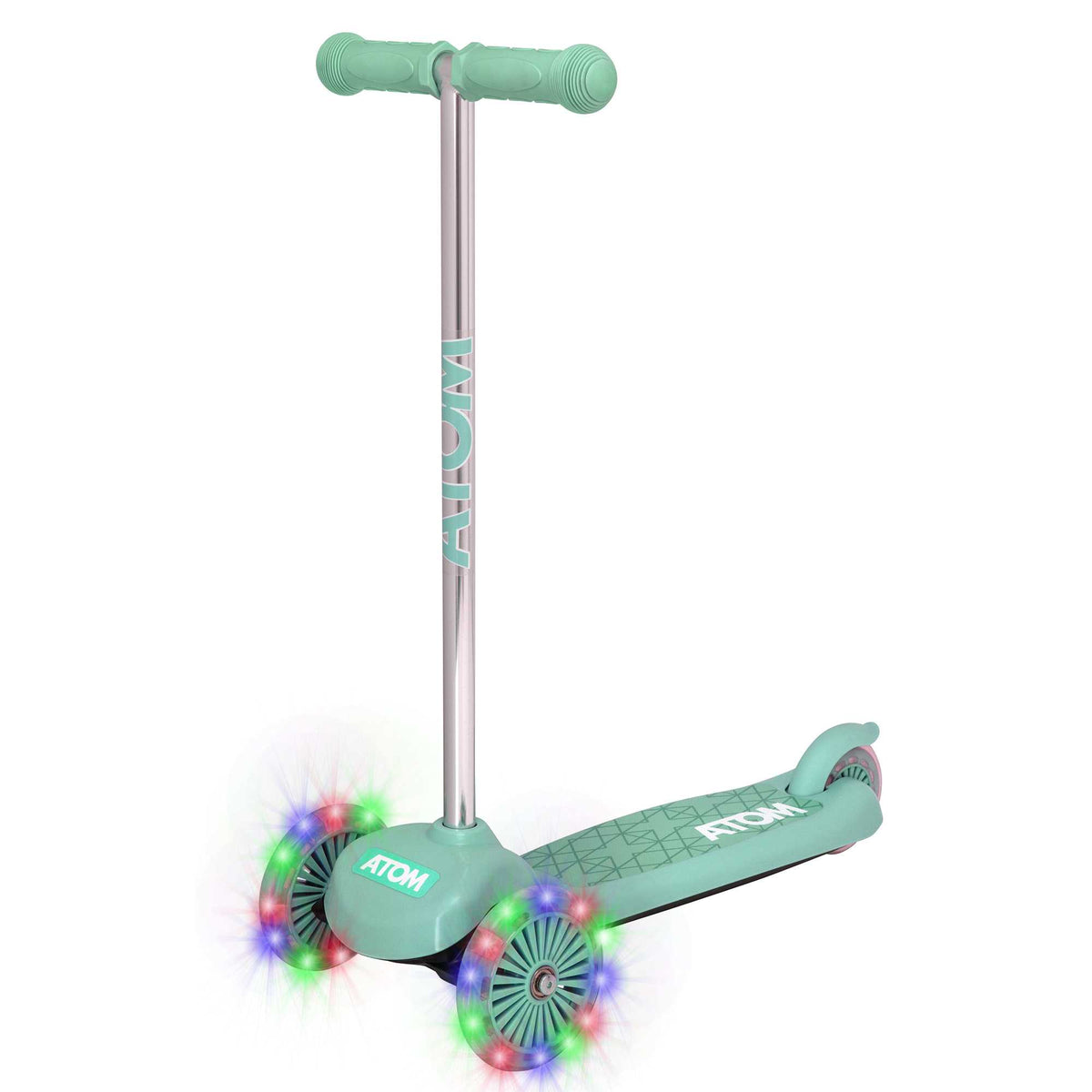 ATOM Move N Groove Light Up 3-wheeled scooter with flashing LED wheels, colourful design, and tilt to steer system, offering a fun and stable ride for children.