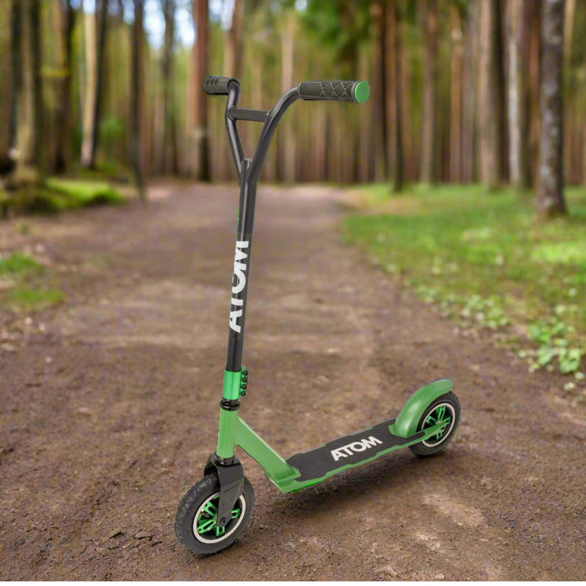 ATOM Dirt Rider Scooter in Green, durable off-road scooter designed for rugged terrains and adventurous rides