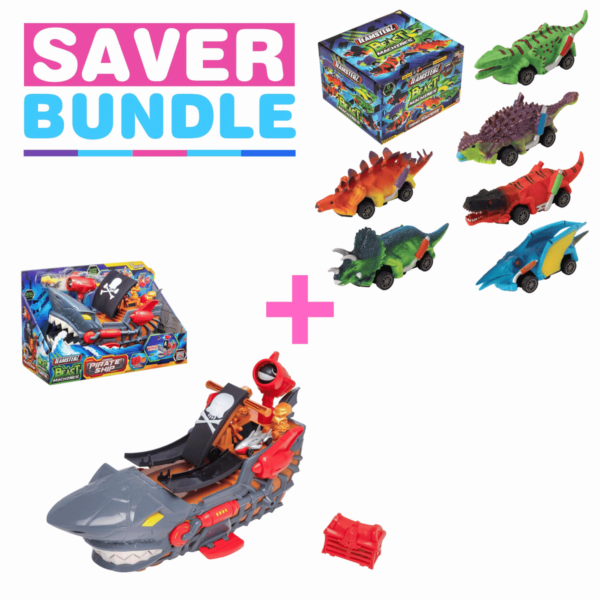 Teamsterz Pirate Ship Car Launcher + Teamsterz Beast Machine Pull-Back Dino Racers - Bundle Cars &amp; Transporters
