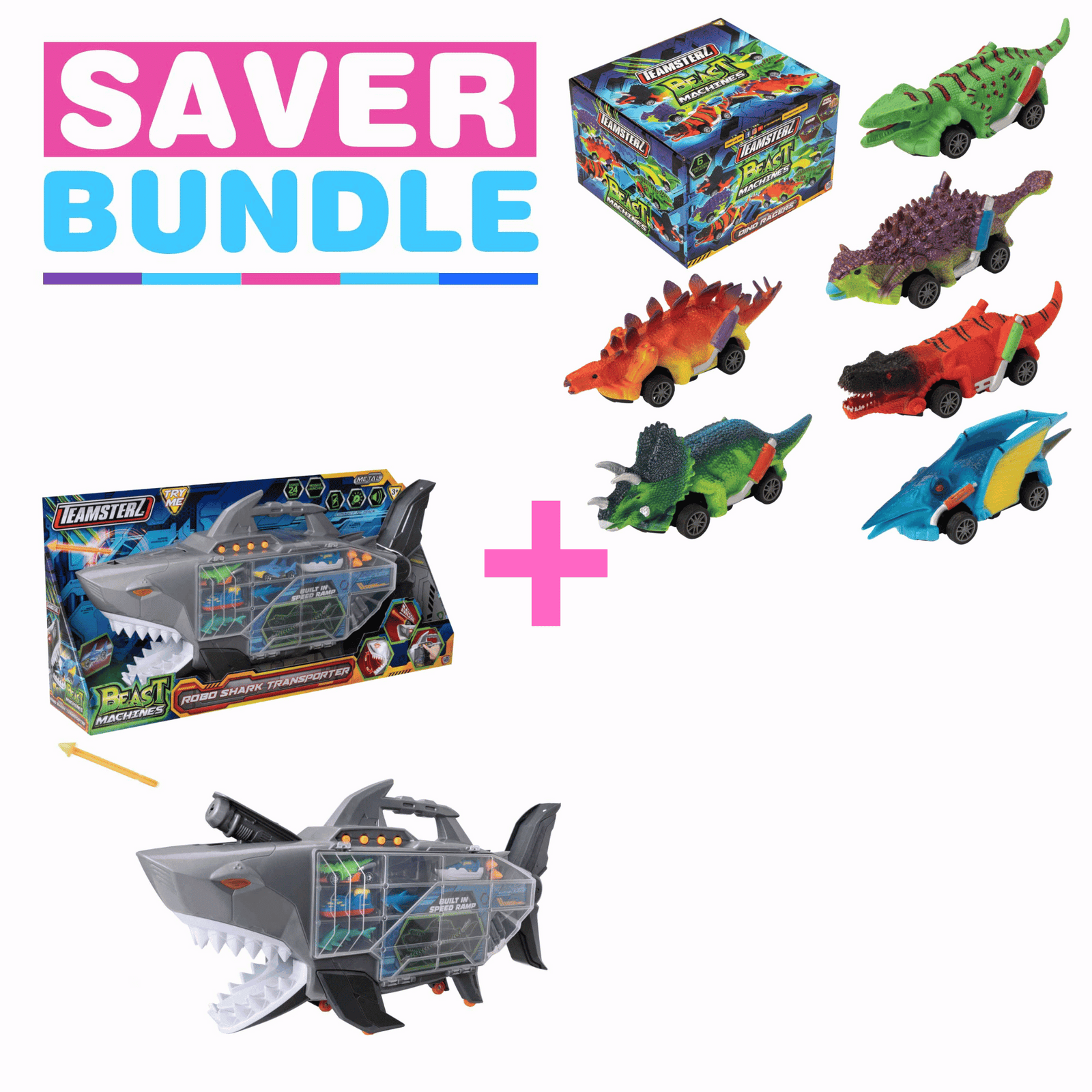 Teamsterz Beast Machines Robo Shark Transporter + Teamsterz Beast Machine Pull-Back Dino Racers - Bundle