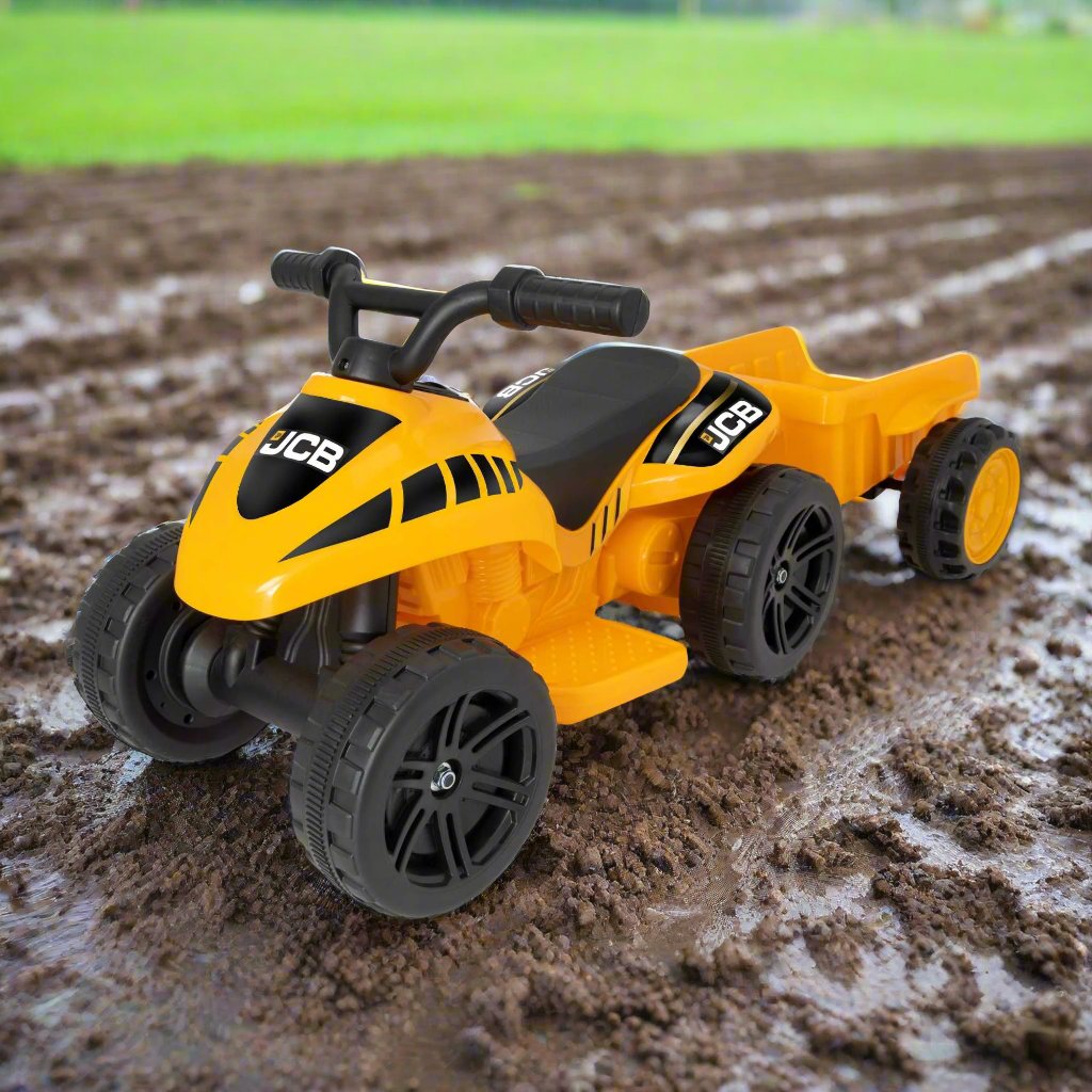 EVO JCB Battery Operated Mini Quad Ride-On with Trailer for 3-year-olds, featuring a yellow and black JCB design, detachable trailer, and safe battery-powered operation for exciting outdoor play.