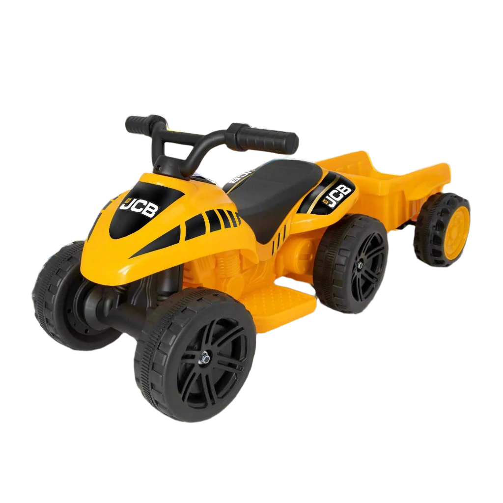 EVO JCB Battery Operated Mini Quad Ride-On with Trailer for 3-year-olds, featuring a yellow and black JCB design, detachable trailer, and safe battery-powered operation for exciting outdoor play.