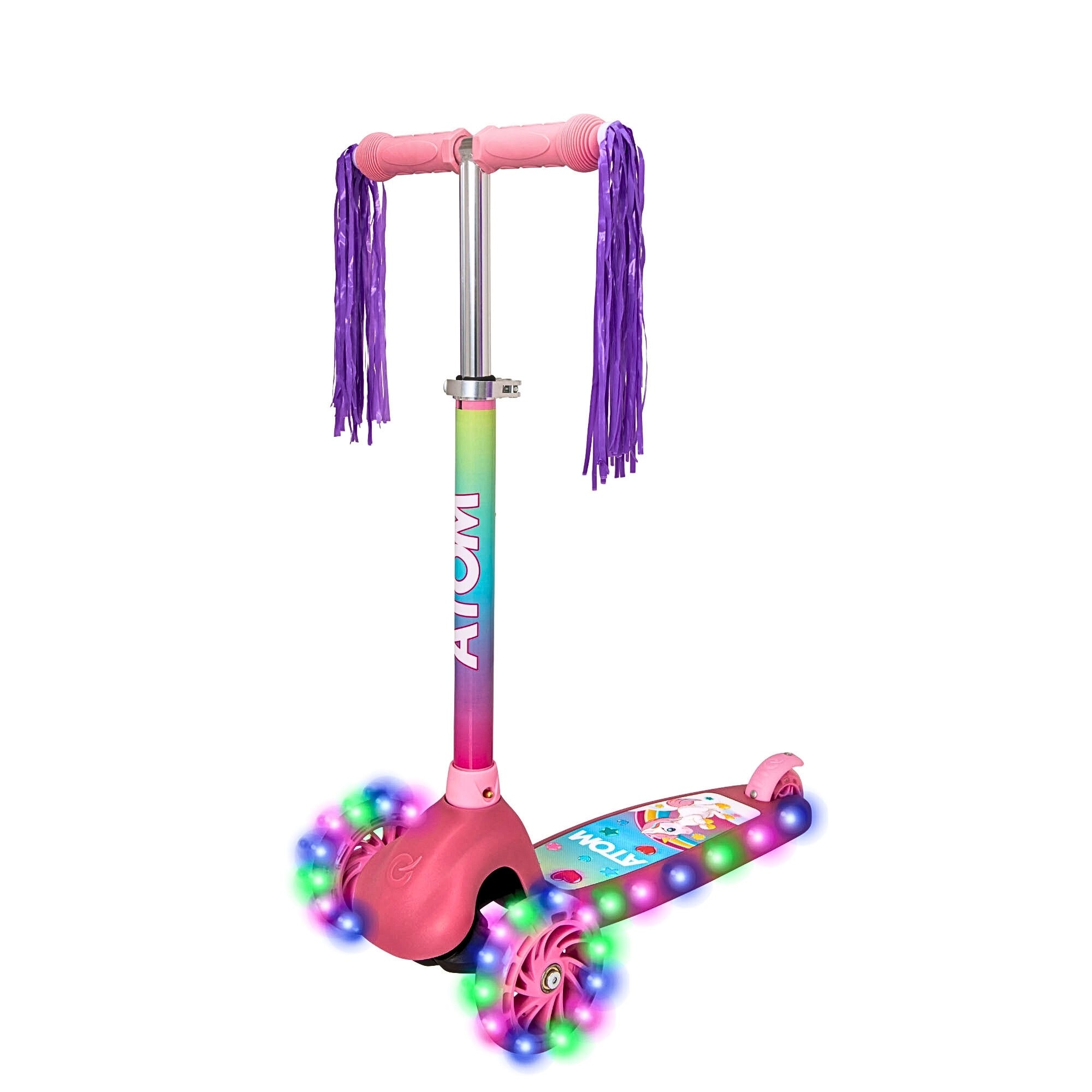 ATOM Eclipse Unicorn Light-Up Scooter for Kids – 3-Wheel LED Scooter with Flashing Deck and Colourful Wheels for Ages 5+.
