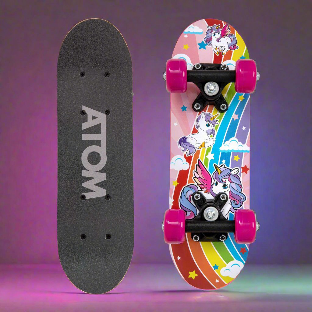 ATOM 17-inch Children's Skateboard with a vibrant graphic design, durable deck, and smooth-rolling wheels, ideal for young beginners learning to skateboard.