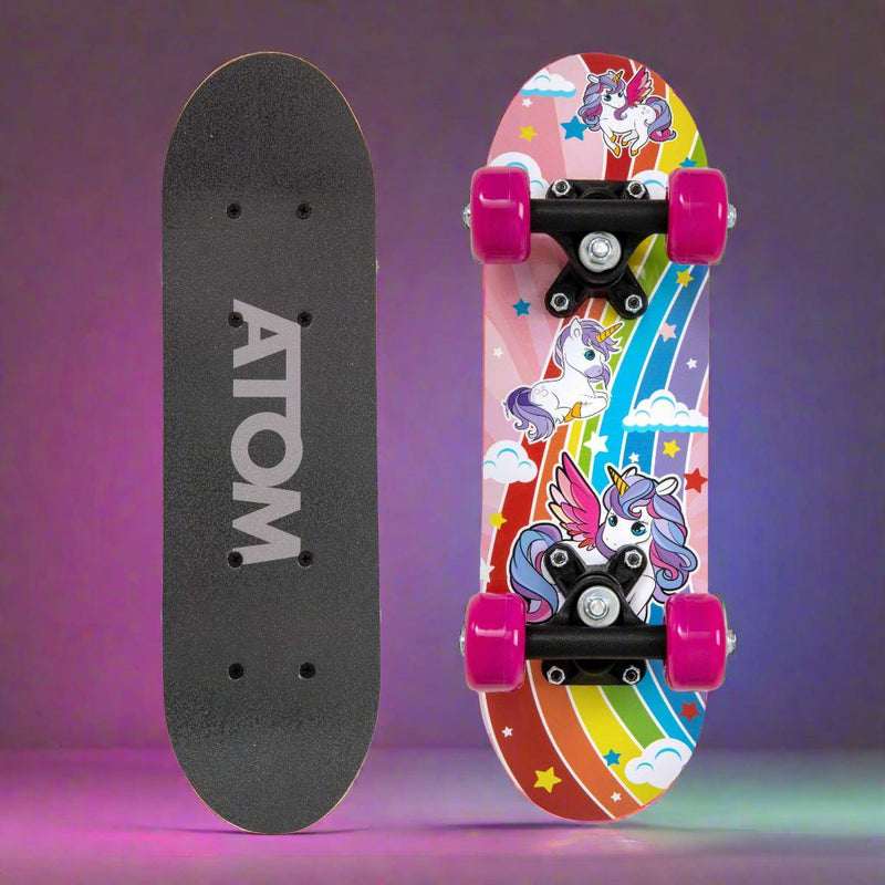 ATOM 17-inch Children's Skateboard with a vibrant graphic design, durable deck, and smooth-rolling wheels, ideal for young beginners learning to skateboard.