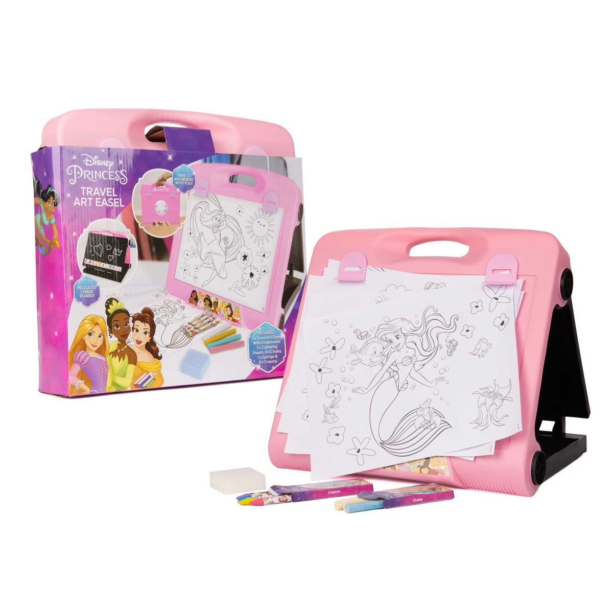 Disney Princess Art Easel featuring double-sided chalkboard and colouring pages with beloved Disney princess characters, and included art supplies for kids&#39; creative play and learning.