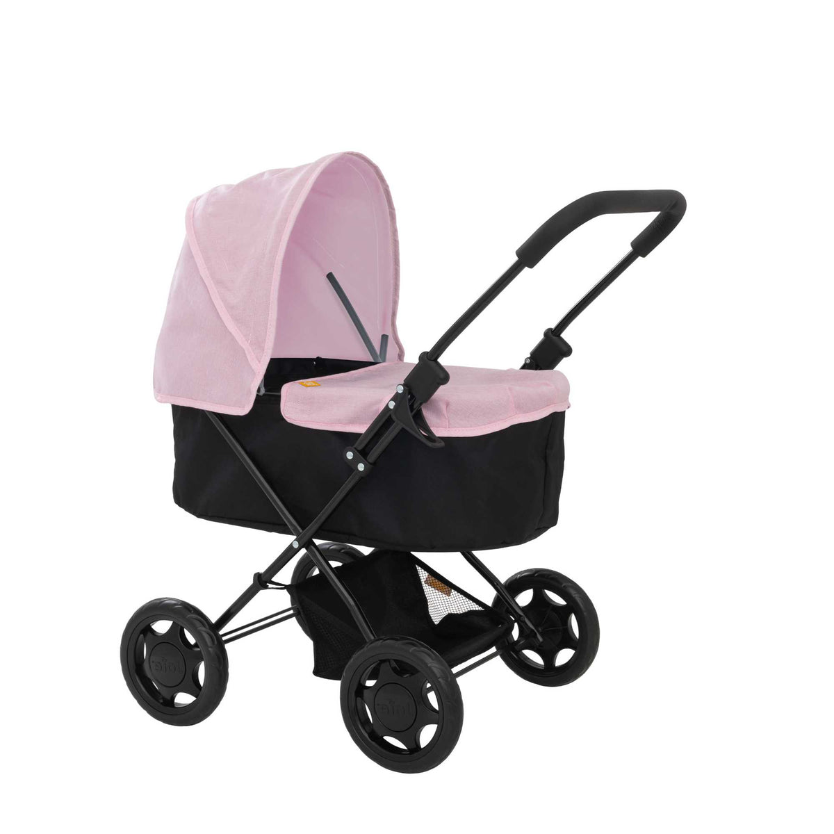 Joie Baby Dolls Pram in pink and black, featuring adjustable handle height, swivel wheels, and a spacious storage basket, designed for children to enjoy imaginative play with their dolls.