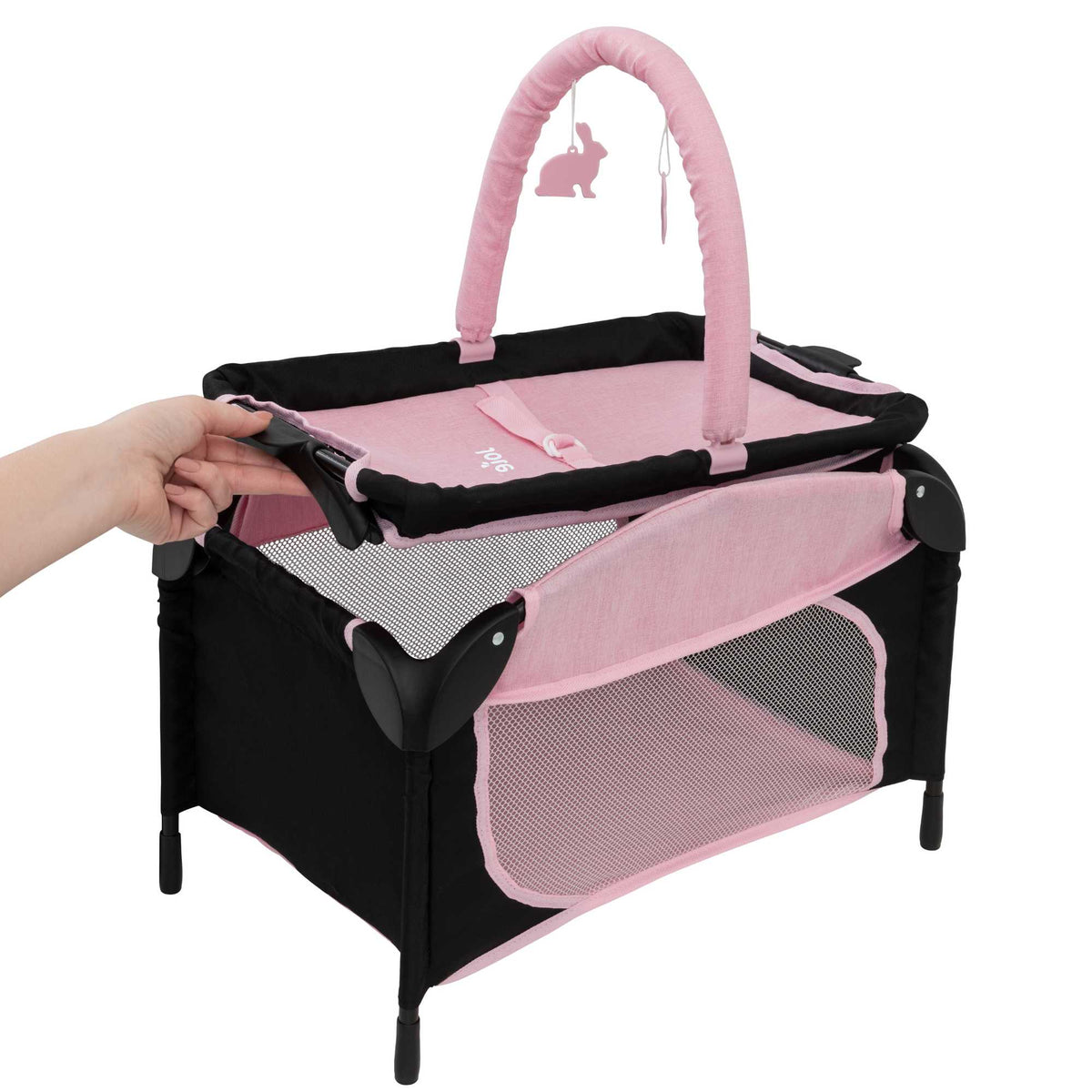 Joie Sleep &amp; Dream Dolls Travel Cot, a compact and foldable design in pink and grey, featuring breathable mesh sides and a sturdy frame, ideal for children to use for their dolls during playtime and travel