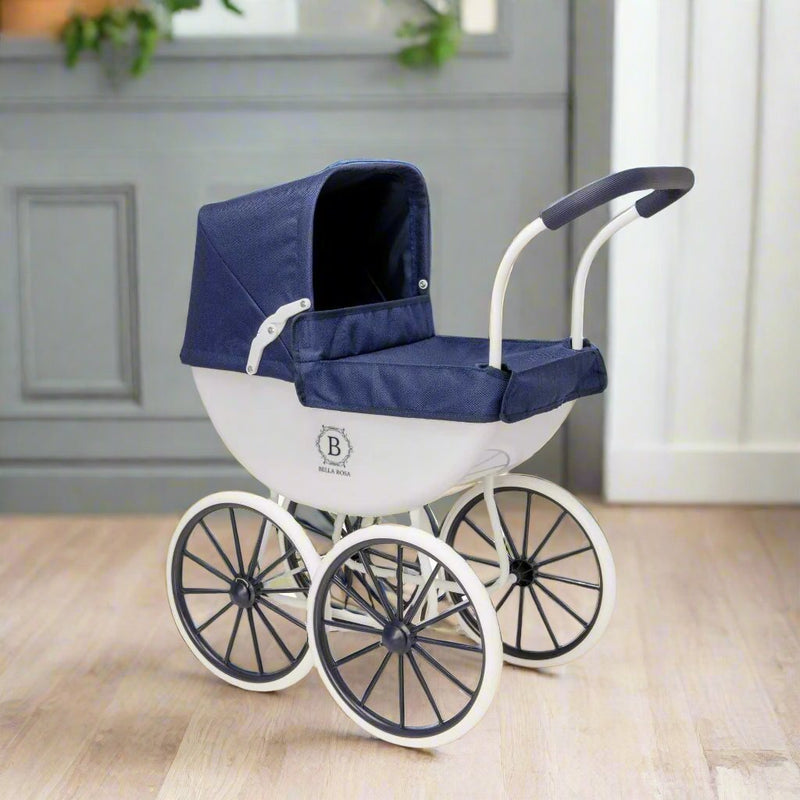 Bella Rosa My First Carriage Pram - Navy - Classic navy pram designed for dolls, perfect for young children to enjoy imaginative and nurturing play.