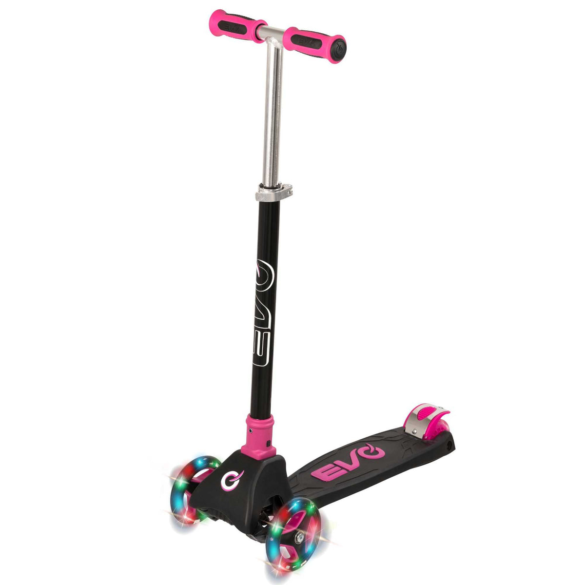 EVO Kids 3 Wheeled Scooter with light up wheels, featuring a sturdy design, bright colours, perfect for young riders.