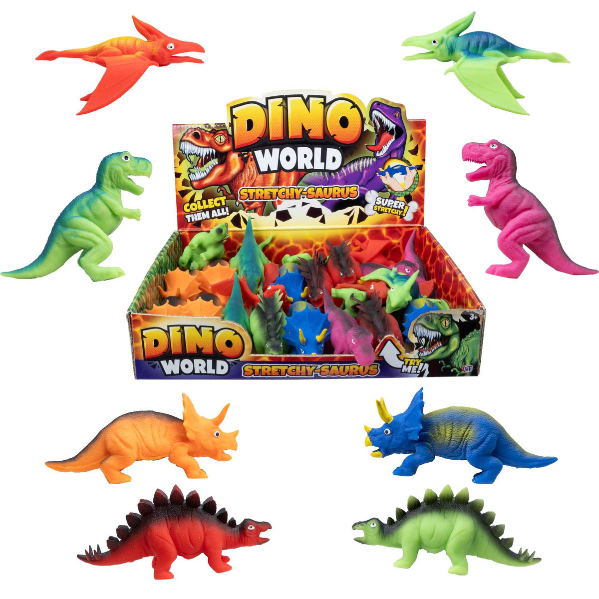 Image of Dino World Stretchy Saurus Assorted Fidget Toys - 24 Pack Fidget Toy Bumper Party Pack, featuring colourful, stretchy dinosaur figures in various poses, perfect for stress relief, sensory play, and party favours