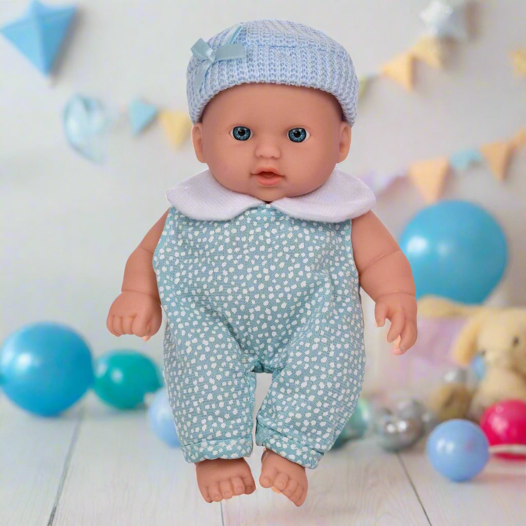 BabyBoo Cutie Baby Doll available in blue and pink outfits, featuring a soft, cuddly body, lifelike facial features, and gentle expression, perfect for nurturing role-play and snuggling.