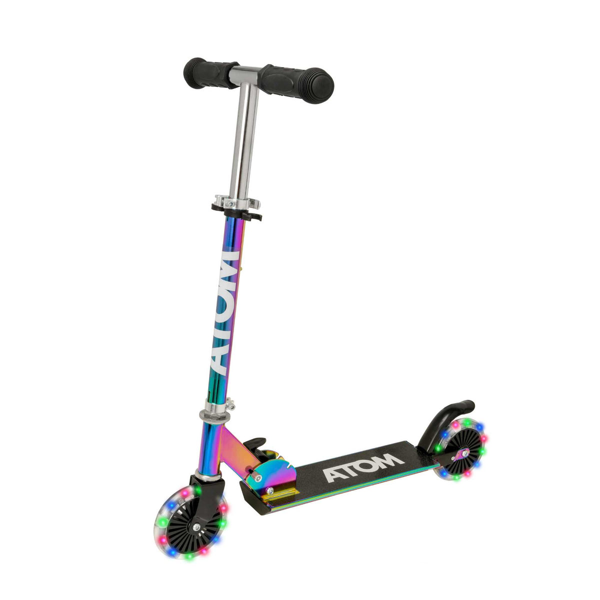 ATOM Inline Children&#39;s Kick Scooter in bright colours, designed for kids with a sturdy frame, adjustable handlebars, and smooth-rolling wheels, perfect for outdoor fun and active play.