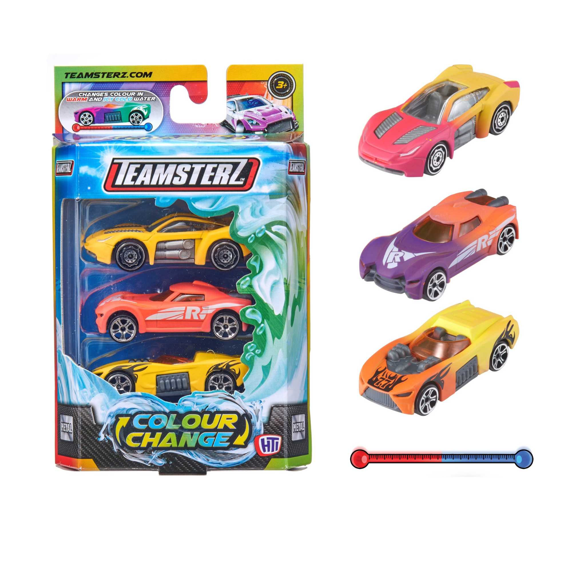 Teamsterz 3 Pack of Colour Changing Cars, featuring cars that change color with water, perfect for kids' imaginative play and educational fun.