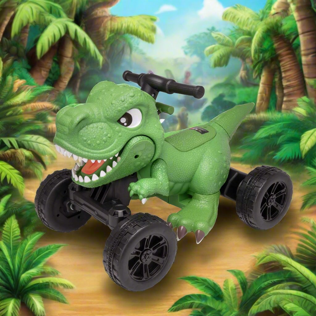 ATOM Dino Quad Battery Operated Ride-On Toy for kids, featuring a dinosaur-themed design, four rugged wheels, and easy-to-use controls, perfect for adventurous outdoor play.